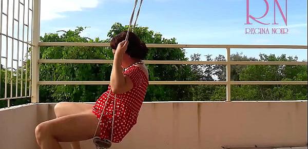 Cute housewife has fun without panties on the swing. Slut swings and shows her perfect pussy.